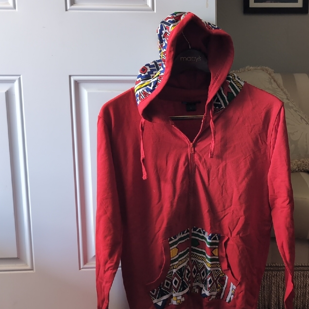 Red Hoodie with Colorful Pattern Accents